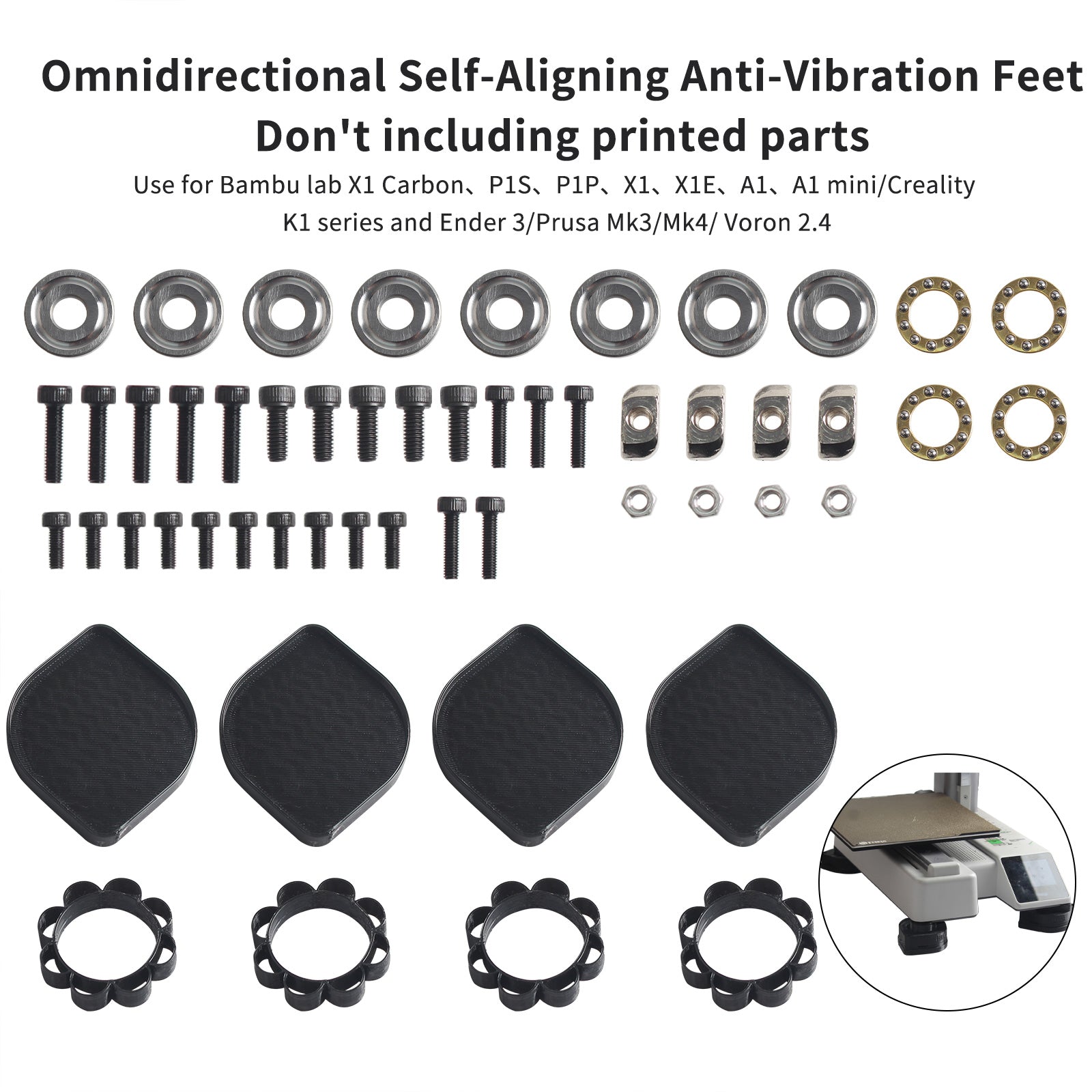Anti-Vibration Feet For Bambu lab kit X1 CarbonP1SP1PX1X1EA1A1 miniCreality K1 SeriesPrusa Mk3/Mk4 Voron kit 3D Printer Kit. With printed Anti-Vibration Feet For Bambu lab kit X1 CarbonP1SP1PX1X1EA1A1 miniCreality K1 SeriesPrusa Mk3/Mk4 Voron kit 3D Printer Kit. With printed