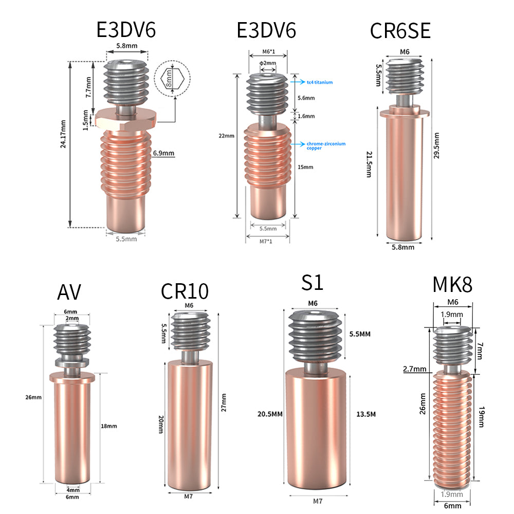 3D Printer Accessories 5 kinds of Bi-Metal Heatbreak Smooth Titanium Alloy Copper Plated Throat: Compatible with E3DV6 MK8 Anycubi Vyperr KobraMax Sidewinde X1 X2 Hotend